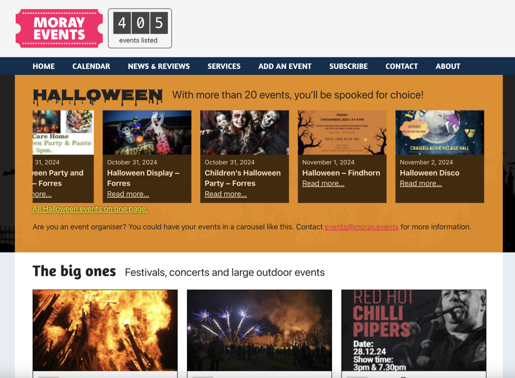 Screenshot of Moray Events website.